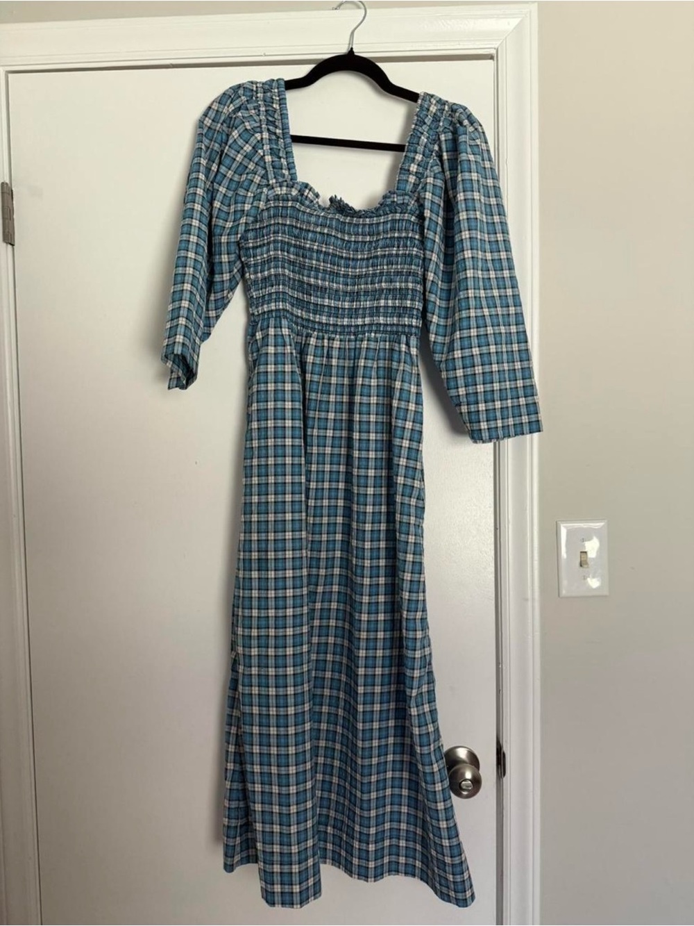 Ganni Blue Plaid Smocked Square-Neck Midi Dress Size 36 - Picture 4 of 5